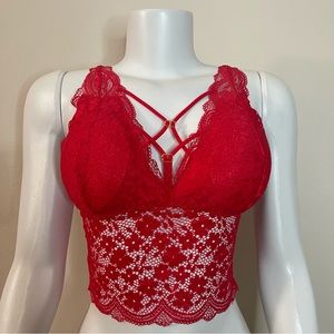 Red lace strappy long line removable pads bralette